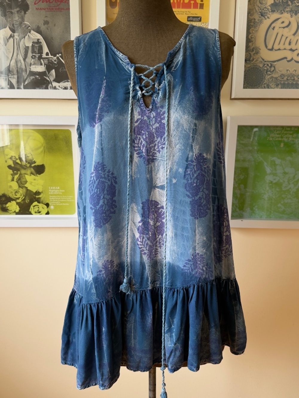 Blue Washed Floral Lace-Up Mini Dress | Sleeveless Drop-Waist Ruffle Hem | Boho